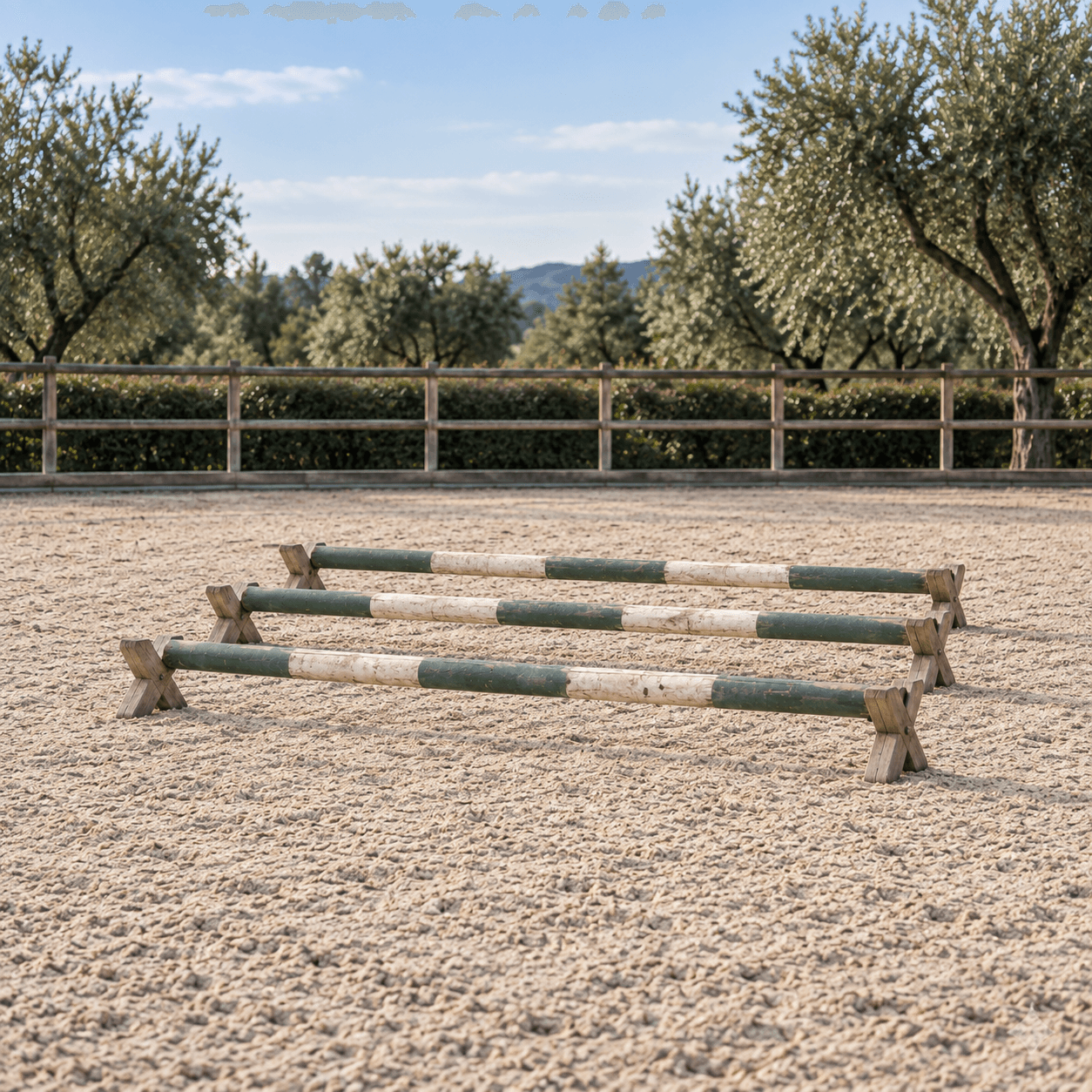 Low cavaletti rails resting on X-shaped supports.