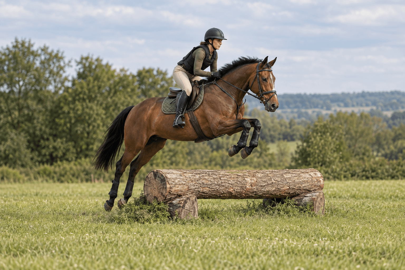 A horse and helmeted rider in a body protector clearing a timber log.
