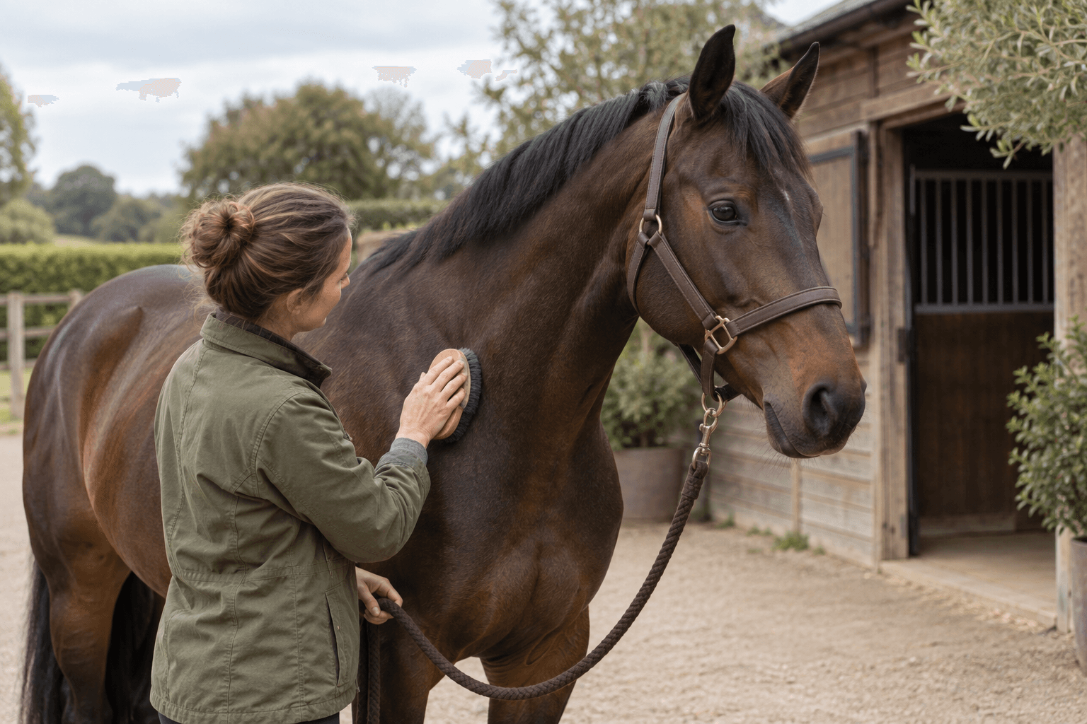A horse being brushed beside a timber stable.