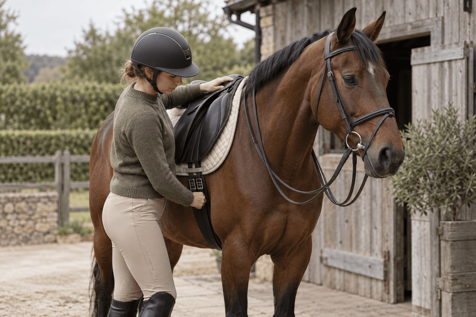 A helmeted rider checks the saddle before riding.