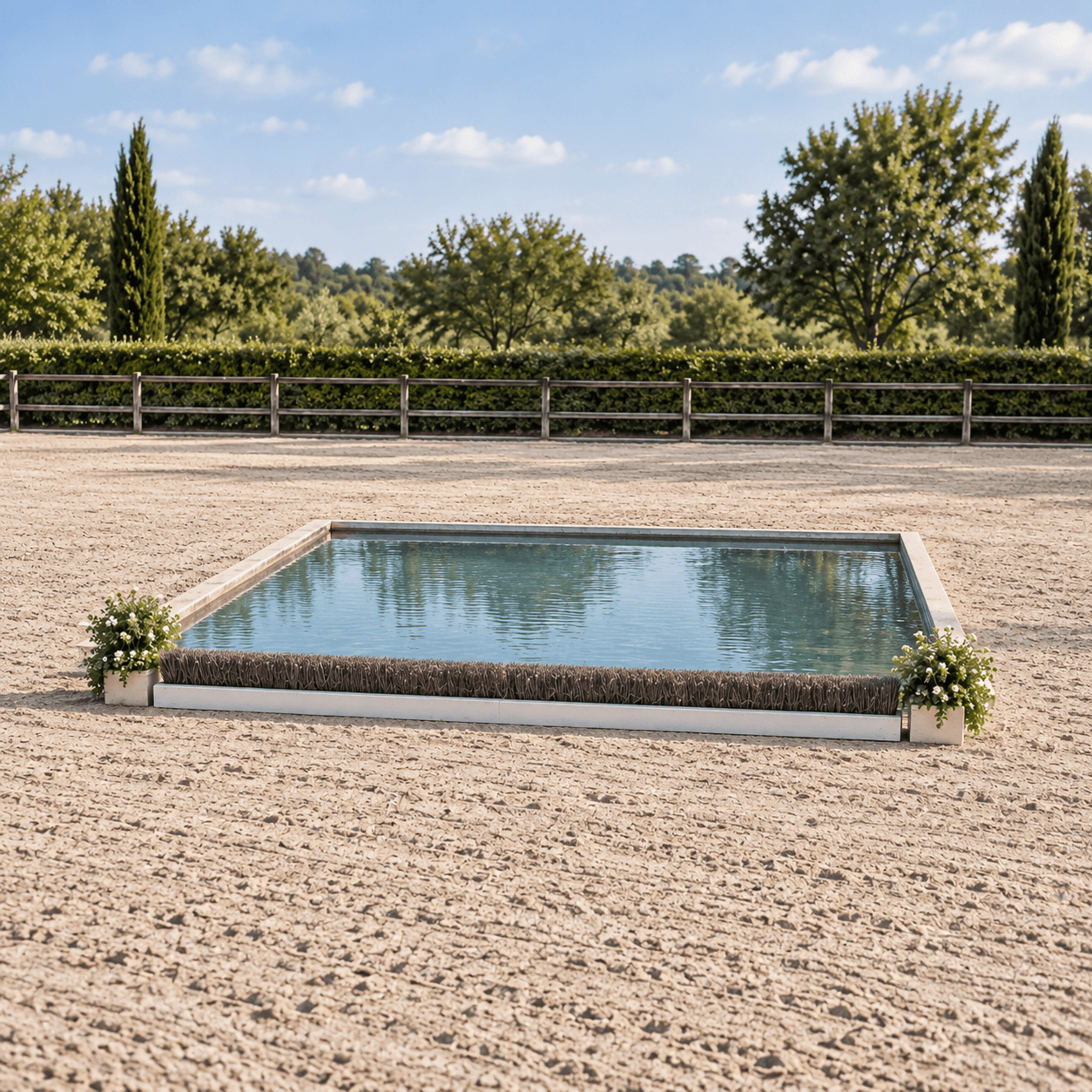 A shallow open-water jump with a low brush takeoff edge.